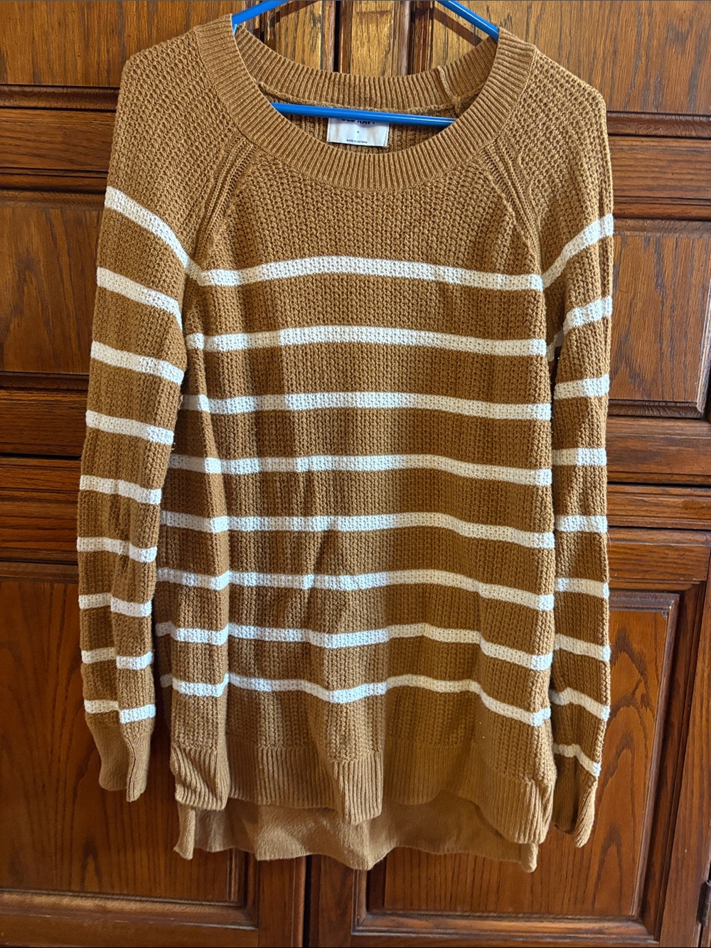 Old Navy Tan and White Striped Crewneck Sweater